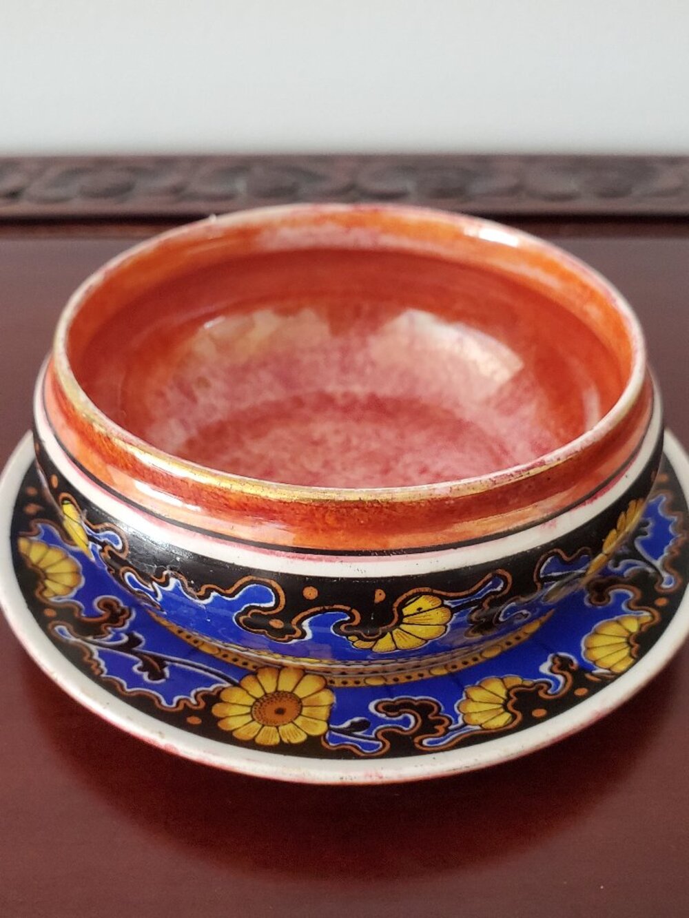 WINTON WARE Lustreware Small Bowl & Plate Set Yellow Floral Cobalt Blue & Coral